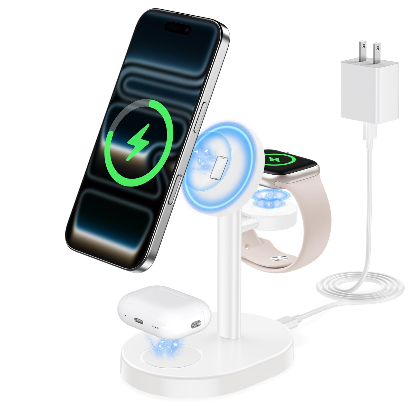 Hevanto 2026 3 in 1 Wireless Charging Station for Apple MagSafe Charger, 15W Fast Magnetic Mag-Safe Charger Stand for iPhone 17 16 15 14 13 12 17e Apple Watch AirPods Series, Gifts for Men